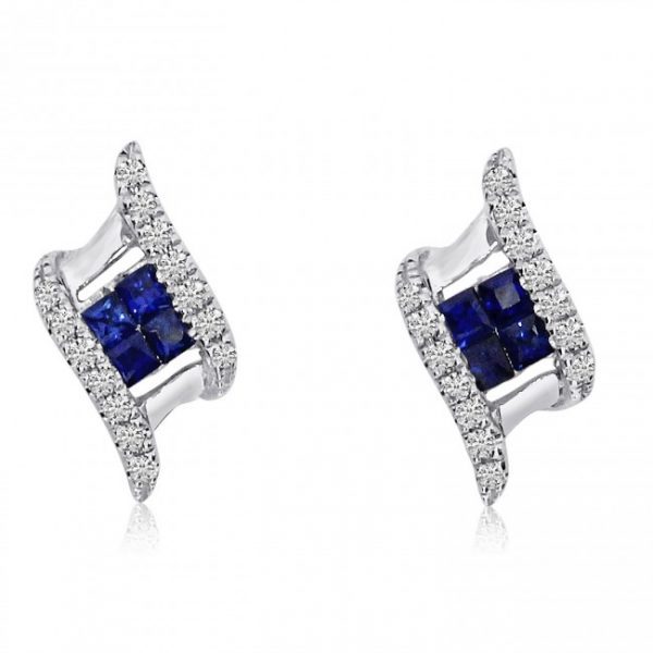 14K White Gold Princess Sapphire and Diamond Angled Precious Earrings
