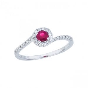 14K White Gold Precious 4.5 mm Round Ruby and Diamond Fashion Swirl Ring