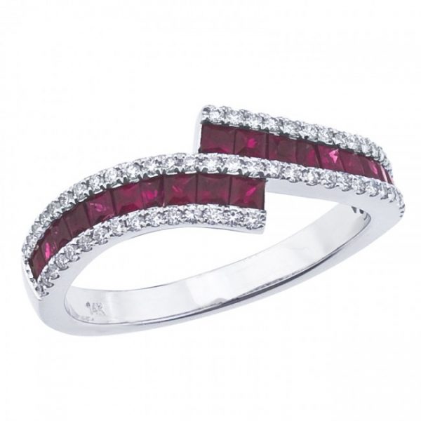 14K White Gold .55 Ct Princess Rubies and Diamond Bypass Fashion Ring